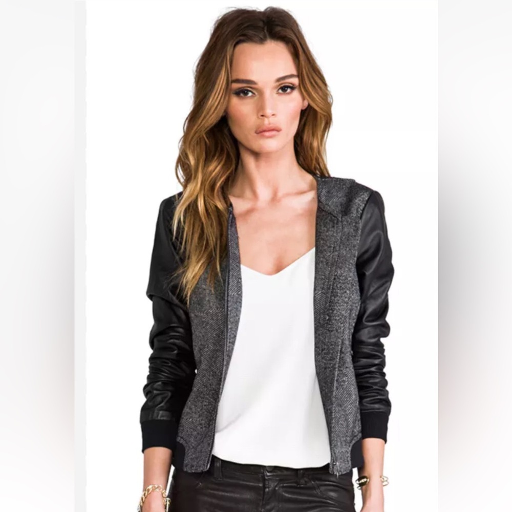 Trina Turk Patchwork Weave Slugger Black Jacket & Leather Sz 2